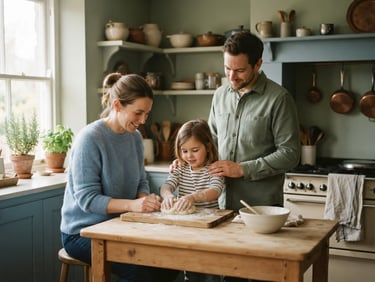 A calm, reflective environmental shot of a family in a sunlit kitchen, soft natural morning light, muted blues and sage green tones, shallow depth of field.