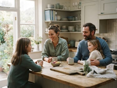 A calm, reflective family in a sunlit kitchen looking relaxed, soft natural morning light, muted blues and sage green tones, shallow depth of field