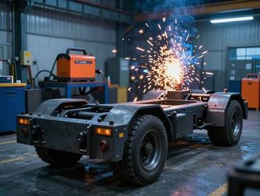 Dramatic industrial workshop with a heavy-duty truck chassis on a lift, cool blue ambient light contrasted with warm orange sparks from a welding machine in the background, 35mm photography