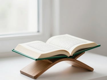 Minimalist close-up of an open Qur'an on a clean wooden stand, soft morning light filtering through a window, emerald green accents, shallow depth of field