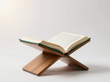 A clean, bright flatlay of an open Quran on a wooden book stand, soft warm sunlight, minimalist background, 35mm