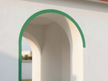 An elegant, minimalist architectural arch casting a soft shadow on a clean white wall, warm golden hour lighting, shallow depth of field