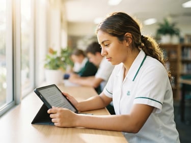 Bright editorial photography of a high school student in a clean white uniform using a tablet to read digital scriptures, soft natural daylight, warm gold flares, shallow depth of field, 35mm