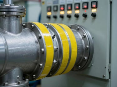 Macro detail of a gas turbine control panel with safety yellow wiring labels and illuminated technical indicators, crisp ambient plant lighting, cool steel tones, sharp focus, 35mm