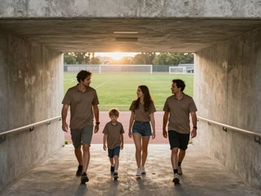 Candid medium shot of an enthusiastic family in team colors walking down a concrete stadium tunnel towards the bright green field, golden hour sun flare