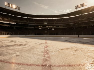 Atmospheric view of a major league stadium ice rink before a big game, dramatic stadium lighting, warm tones