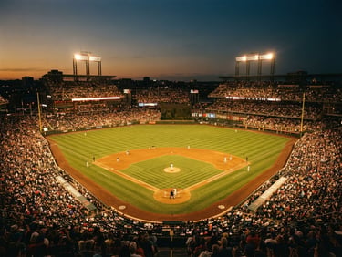 Atmospheric wide shot of a major league stadium under brilliant floodlights at dusk, rich shadows, warm golden glow, cinematic 35mm photography