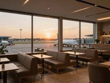 A modern luxury airport lounge overlooking the tarmac at sunset, clean lines, warm editorial feel