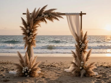 An elegant beachside wedding arch decorated with neutral pampas grass, gentle ocean waves at sunset