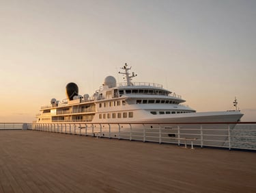 Premium expedition ship cruise deck at sunset, quiet luxury atmosphere, soft natural daylight, cinematic 35mm lens.