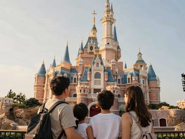 A happy family viewing a majestic fairytale castle under warm afternoon sunlight, vibrant but elegant tones