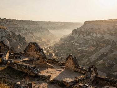 Ancient stone ruins overlooking a dramatic European valley, soft morning mist, cinematic composition