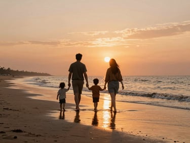 A family walking hand-in-hand along a gentle shoreline at sunset, warm orange light reflecting on the wet sand, warm editorial travel photography, 35mm lens