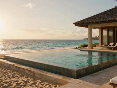 A luxurious beachfront villa with a private infinity pool overlooking calm turquoise waters under a soft golden sun, warm editorial travel photography, cinematic 35mm lens