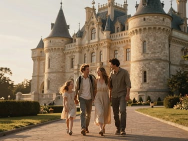 A family laughing on a sun-drenched pathway near an elegant fairytale castle, warm golden-hour light, cinematic editorial framing.