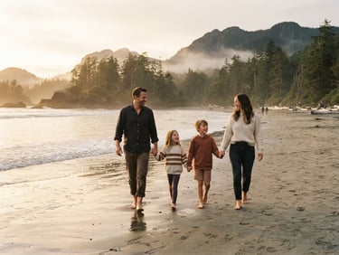 Warm editorial travel photography of a family walking hand-in-hand along a sun-drenched beach in Tofino, British Columbia, misty pine trees in the background, golden-hour light.