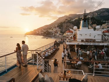 Wide environmental landscape of a premium cruise deck overlooking a sun-drenched European coastline at sunset, warm golden hour light, cinematic 35mm photography
