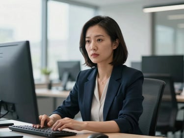 Direct-gaze professional portrait of a focused communication specialist in a bright, modern US workspace, cool daylight, high-end hardware visible, professional editorial style.