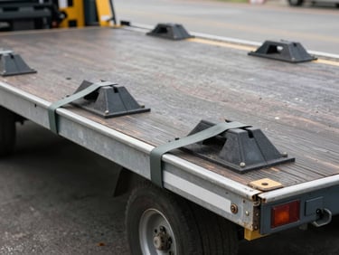 Close-up of a flatbed tow platform deck with wheel chocks and securing straps in place, overcast daylight, industrial yard surface visible below