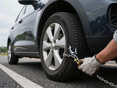 Close-up framing from operator height — rigging hook and safety chain being attached to the front axle of a compact sedan on a roadside, overcast daylight, hands in work gloves in sharp focus, asphalt and car undercarriage visible in background