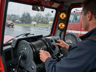 Close-up documentary frame — operator's hands on the winch control panel inside the cab of a heavy wrecker, amber instrument glow, rain-streaked windshield in background, moment of dispatch captured mid-action