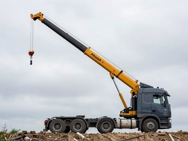 Munck crane arm extended over a heavy semi-truck cabin tipped at an angle on a dirt embankment, wide environmental shot, overcast sky, rigging cables taut