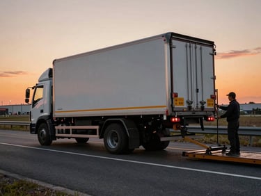 Wide roadside shot — a medium-duty box truck with its rear axle lifted onto a flatbed tow rig, dusk light with orange sky, operator standing beside the rig checking the load angle, industrial highway backdrop