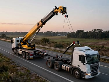 Overhead-angle documentary shot — heavy wrecker truck with boom extended, recovery cables taut connecting to the fifth-wheel of a tipped semi-trailer on a highway shoulder, dawn light, no people visible, raw mechanical tension in frame
