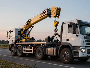Tow truck conveio hook and boom rigging attached beneath the front axle of a medium-duty truck on a roadside shoulder, dusk light, operator hands adjusting the coupling