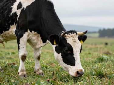 Close-up of a gentle black and white cow grazing in a lush green pasture under a soft overcast Pacific Northwest sky.