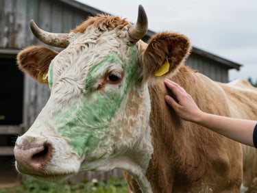 Close-up of a beautiful jersey cow with soft eyes, gentle hand grooming its neck, weathered barn background.