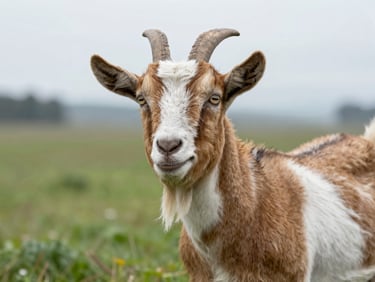 Eye-level portrait of a brown and white goat looking curious, soft overcast Pacific Northwest daylight, green grass.