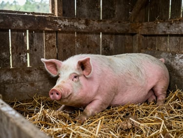 Eye-level portrait of a large pink pig resting in clean straw inside a weathered cedar barn, soft diffused light, authentic editorial style.