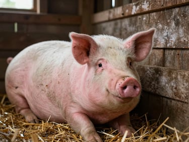 Close-up portrait of a large, happy pink pig resting in soft straw inside a weathered cedar barn, gentle morning light.