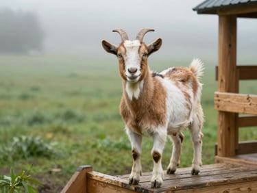 A beautiful brown and white goat looking directly at the camera, standing on a wooden play structure in a misty green pasture.
