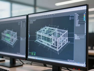 Tight macro photograph of a dual-monitor workstation displaying a complex architectural CAD model, cool blueprint-blue screen glow, crisp daylight reflecting off clean office glass, sharp focus