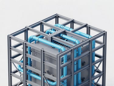 Crisp technical rendering of a complex 3D BIM model showing structural steel and mechanical ductwork coordination, cool gray and cyan tones.