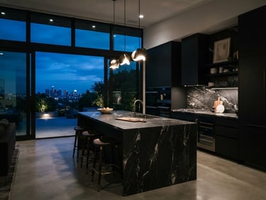 High-contrast modern kitchen interior, dramatic twilight lighting, marble countertops, wide perspective