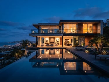 Sleek architectural twilight exterior of a modern luxury home, glowing pool reflections, sharp wide-angle lens, cinematic color grading
