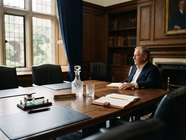 Warm editorial photography of a traditional board room with dark wood table, soft natural window light, rich deep navy tones, shallow depth of field, 35mm