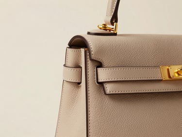 Extreme close-up of a structured designer handbag showing precise leather stitching and gold hardware clasp, bright north-facing studio light, cream background