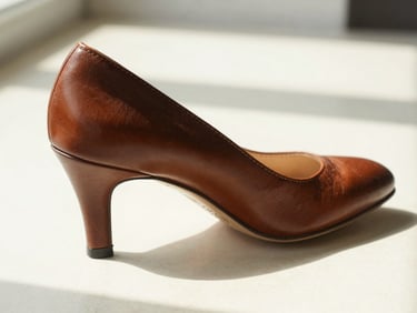Angled close-up of a vintage leather pump showing the heel profile and sole stamp, arranged on cream surface under bright north-facing daylight