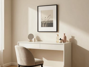 Wide environmental shot of a vanity table styled with framed art, a small decorative chair, and feminine accent objects in a bright cream-walled room, north-facing daylight