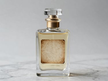 Detail shot of a vintage perfume bottle with ornate glass stopper and aged label, placed on a marble surface under clean north-facing studio light