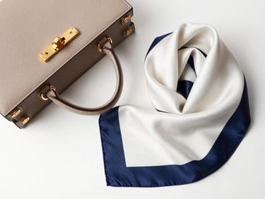 Overhead flat-lay of designer handbag hardware detail and folded silk scarf on white surface, bright studio daylight, clean editorial composition