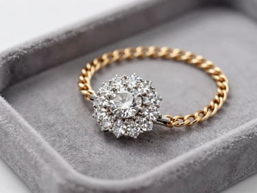 Close-up of fine jewelry — a diamond brooch and gold chain bracelet — on a velvet tray under bright studio lighting, sharp detail of stone settings
