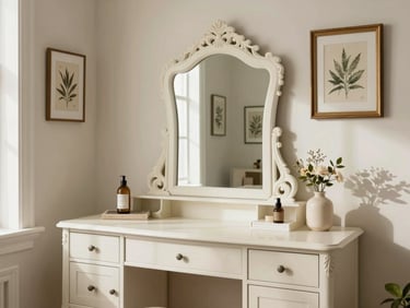 Wide environmental shot of a feminine vanity table with ornate mirror, framed botanical art, and decorative objects styled in a bright cream-toned room under natural daylight