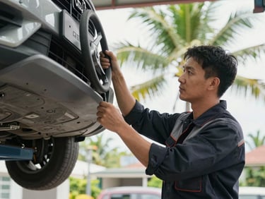 A professional mechanic in a clean dark uniform adjusting a steering column under a vehicle on a hydraulic lift, bright tropical daylight coming from the background.