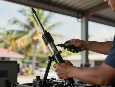 Hands of a professional mechanic adjusting a hydraulic steering system, bright tropical daylight coming through the open workshop bay, high-contrast details.