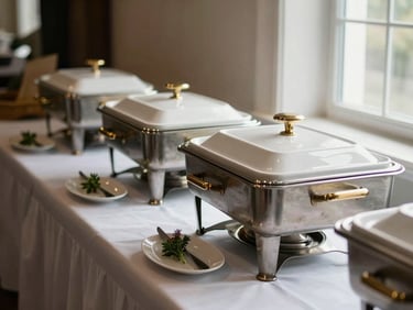 Straight-on editorial shot of a refined buffet station—white porcelain serving vessels, chafing dishes with brushed-gold handles, fresh herb garnish, natural window light from the right